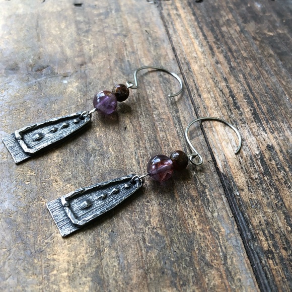 Tribal Phantom Amethyst Gemstone Earrings - Picture 2 of 7